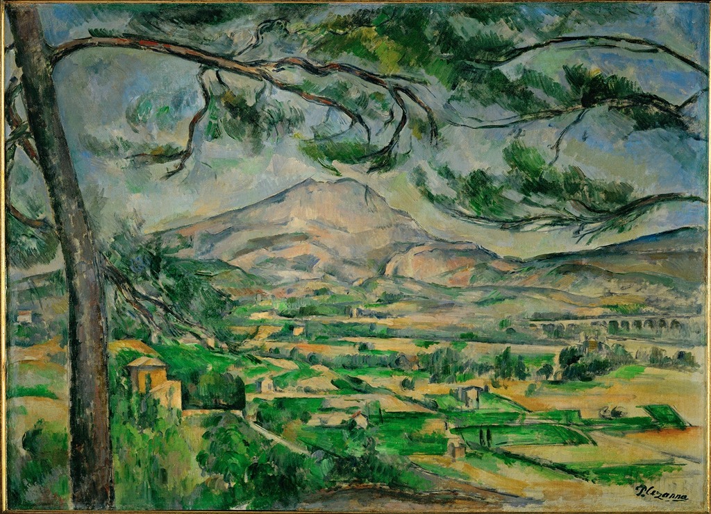 Image of Mont Sainte-Victoire by Paul Cézanne. Image of view of Mont Sainte-Victoire with a small village at the bottom.