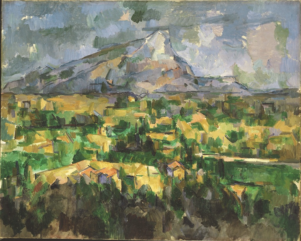 Image of Mont Sainte-Victoire by Paul Cézanne. Landscape with Mont Sainte-Victoire in the background. Oil on canvas painting.