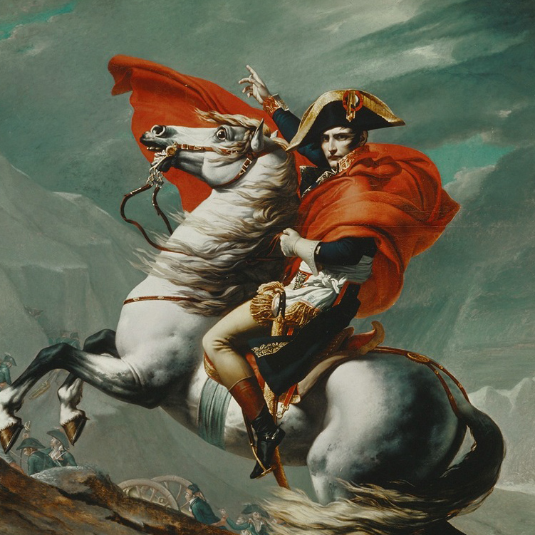 Image of Napoleon Crossing the Alps by Jacques-Louis David. Napoleon is shown riding his white horse with the snowy Alps in the background. Napoleon points with his finger as if showing the way to go. He wears a red cape that whirls around him. Oil on canvas painting.