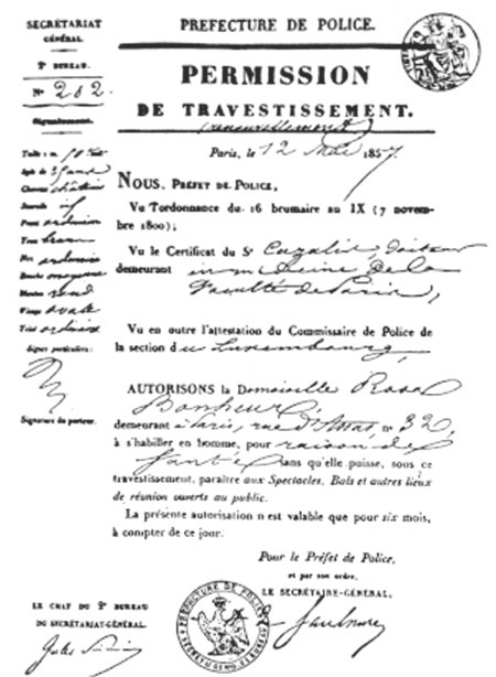 Photo of the official document giving permission to Rosa Bonhour to wear pants.