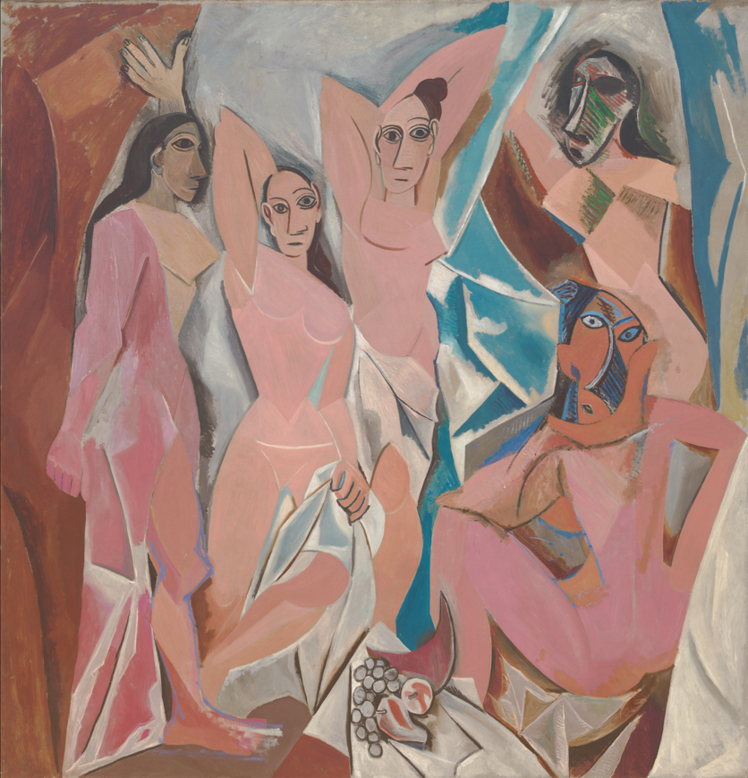 Image of Les Demoiselles d'Avignon by Pablo Picasso. Shown are five nude women, all with parts of the bodies distorted in true Picasso style. The two women on the right exhibit african like masks for faces. Oil on canvas painting.