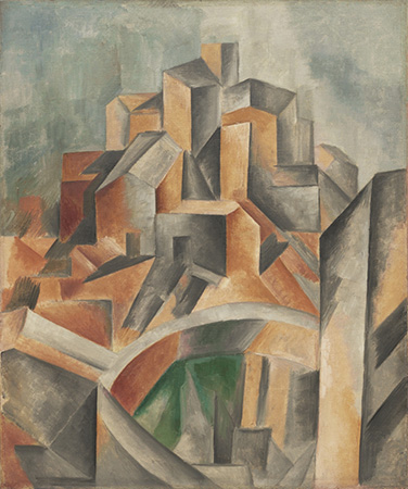 Image of The Reservoir by Pablo Picasso. Shown is a representation of a Reservoir through geometric shapes that interlock with one another. Oil on canvas painting.