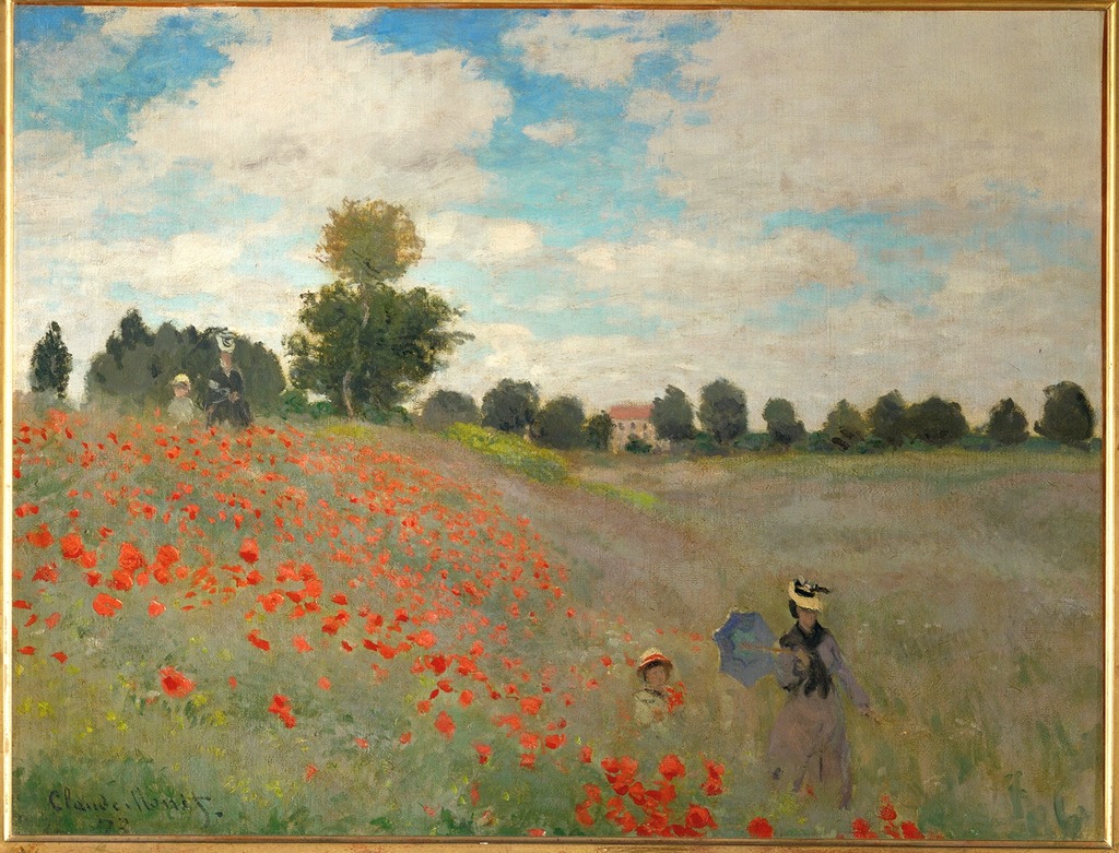 Image of Coquelicots, La Promenade (Poppies) by Claude Monet. A mother and child walk through a field of orange Poppies, the woman holds an umbrella in her hand. Further behind them another mother and child are seen. A house in the distance behind them is also seen. Oil on canvas painting.