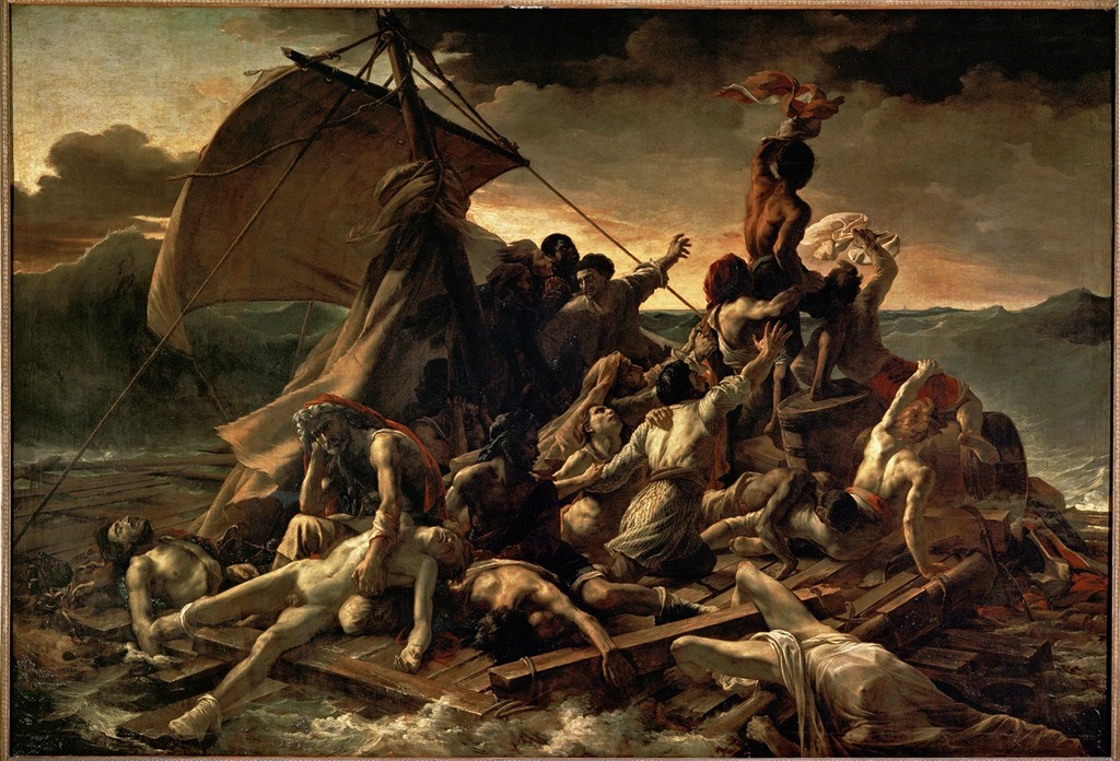 Raft of the Medusa by Theodore Gericault. Depicted is a tragic scene of people on a small raft left out at sea from the Wreck of a French ship. Shown are some dead people and others reaching up trying to survive. Oil on canvas painting.