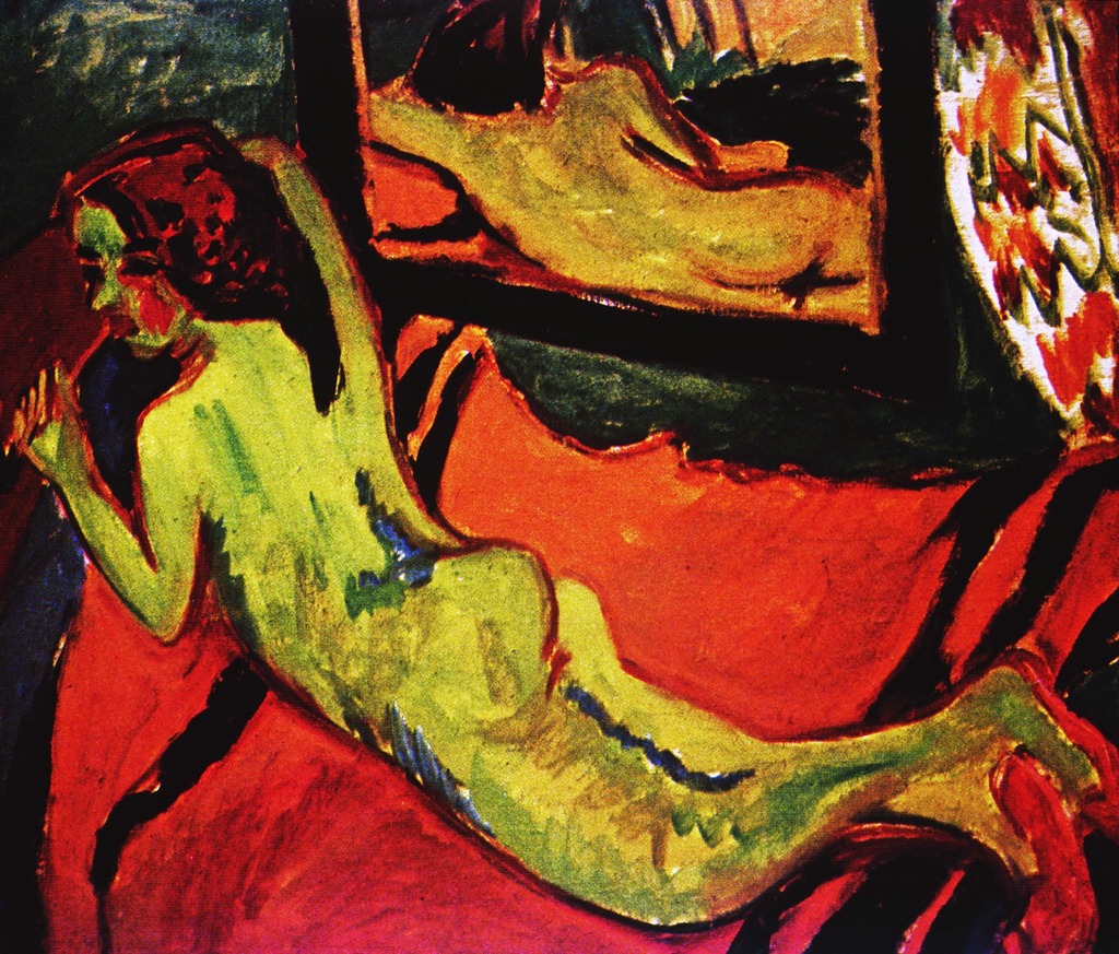 Image of Reclining Nude in Front of Mirror by Ernst Ludwig Kirchner. Shown is a woman reclining nude with her backside showing. Behind her a mirror hangs reflecting the woman's backside.