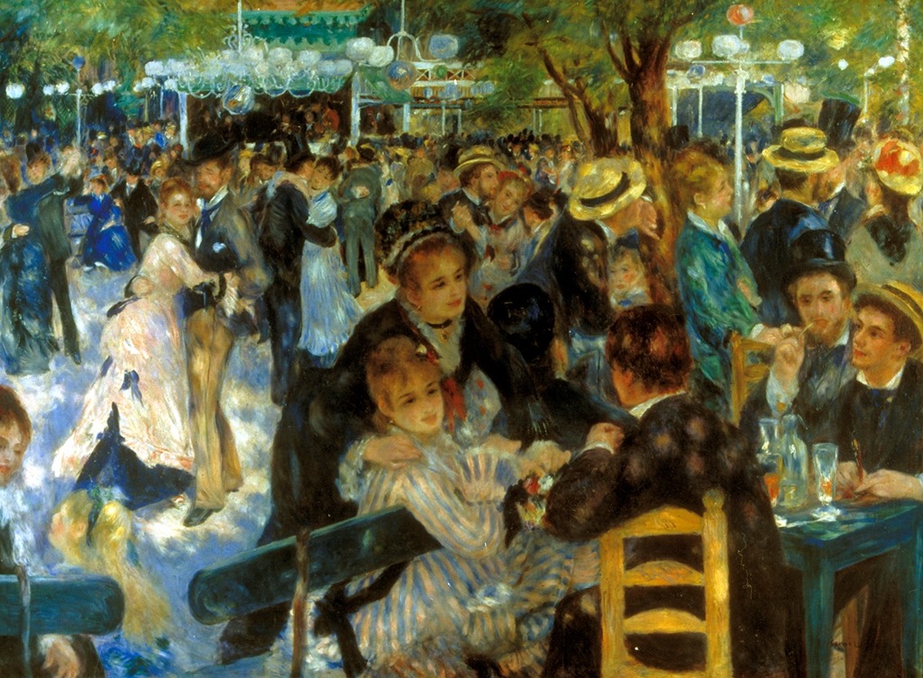 Image of Bal du moulin de la Galette by Pierre-Auguste Renoir. The scene depicts people enjoying a day out. Couples are dancing and others enjoying a drink. Oil on canvas painting.