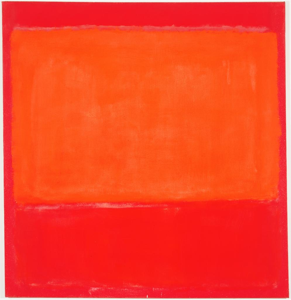 Image of Orange and Red on Red by Mark Rothko. The painting is the whole canvas covered in red with an orange square encompassing a large portion of the canvas. Oil on canvas painting.