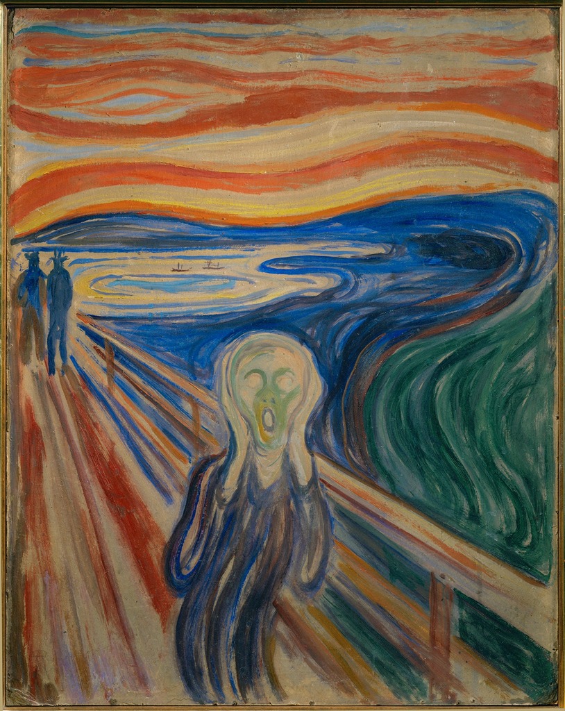 Image of The Scream by Edvard Munch. Shown is a figure in the center holding its hands up to its face as it screams. Farther behind two figures can be seen.