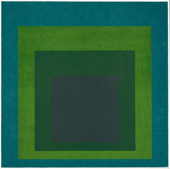 Four squares depicted from smallest to largest within each other in different shades of blue and green. Oil on masonite.