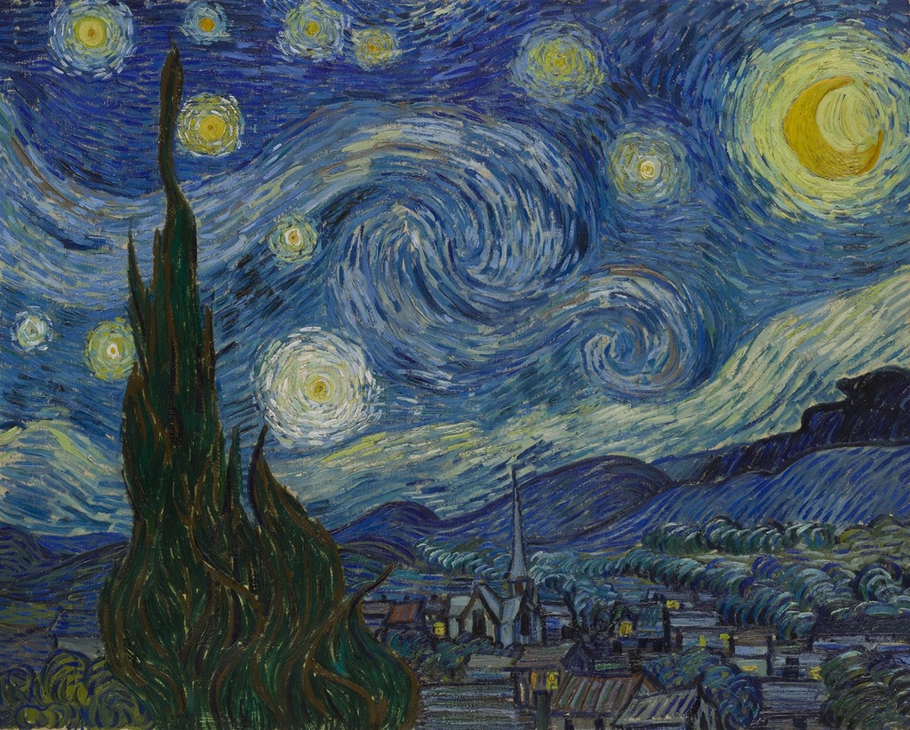 Image of The Starry Night by Vincent Van Gogh. Shown is a small town with the sky filled with stars with the moon right above.