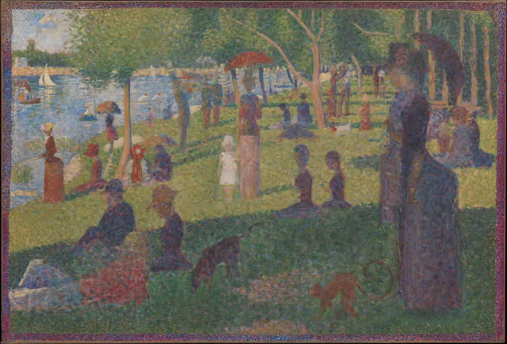 A painting of a beautiful day on the lawn next to a river with many people picknicking. A woman stands with an umbrella near the forefront of the painting.