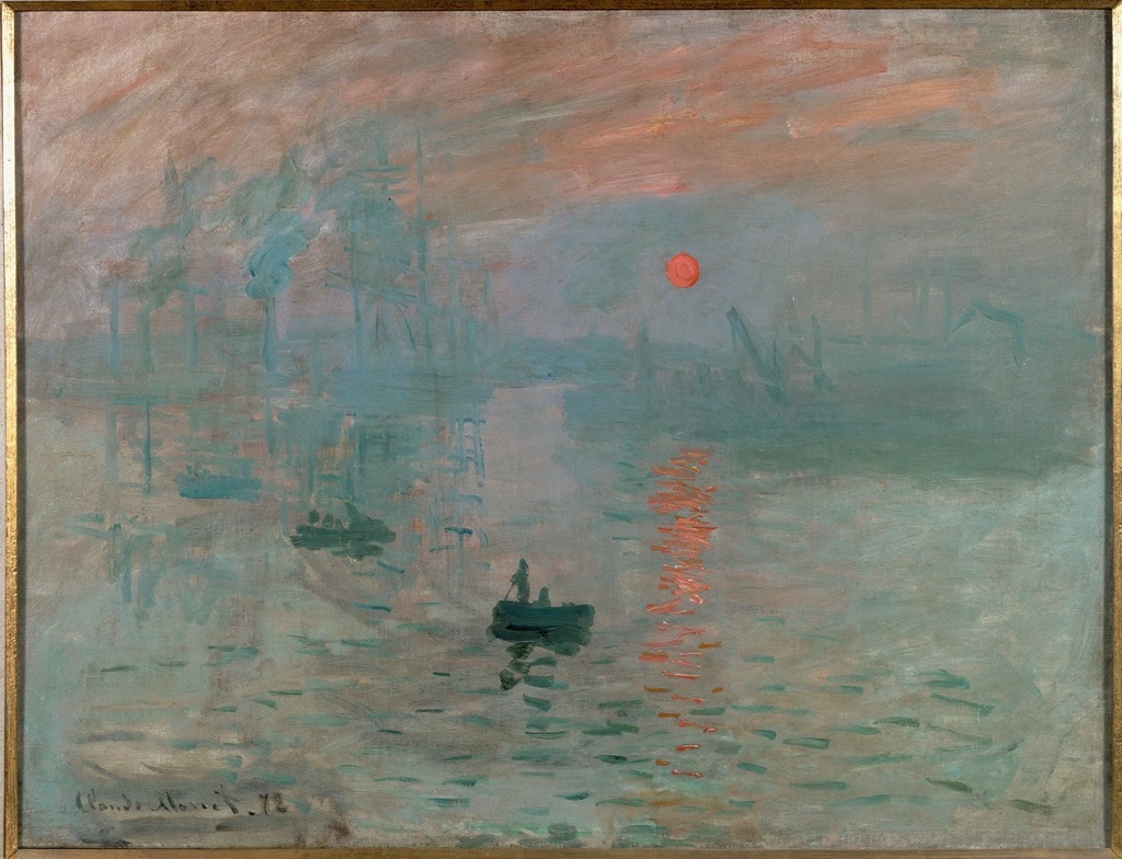 Image of Impression Sunrise by Claude Monet. Depicted is a scene of the sun rising on the Port of Le Havre. The painting was given a hazy background. Oil on canvas painting.