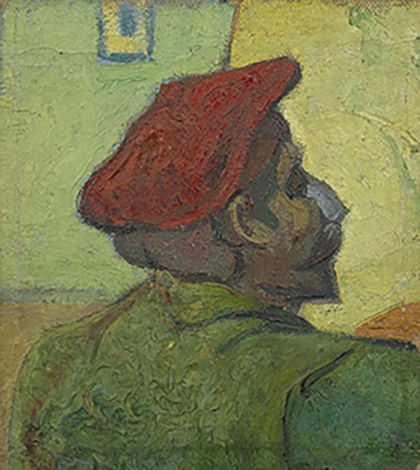 A portrait of Gaugin in a red beret and green coat painted by Van Gogh.