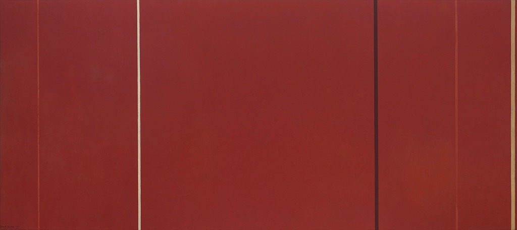 Image of dark red painting with vertical lines.