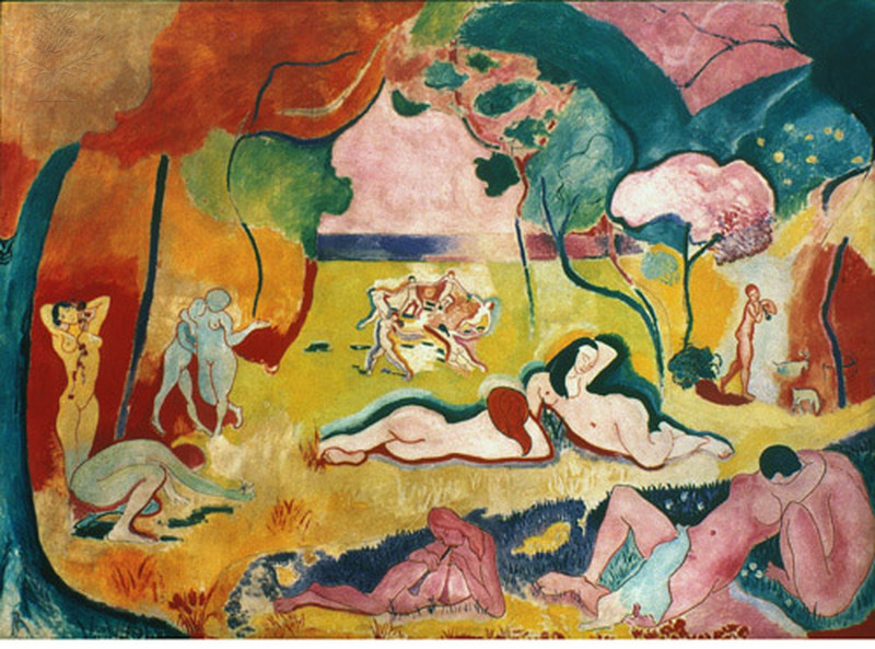 Image of Bonheur de Vivre (Joy of Life) by Henri Matisse. Shown are various naked figures, laying in, standing, holding each other, and dancing in a garden. Oil on canvas painting.