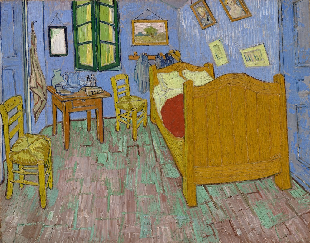 Image of The Bedroom by Vincent Van Gogh. Shown is a bed and window and two chairs to its left. What was Van Gogh's bedroom in the Yellow House.