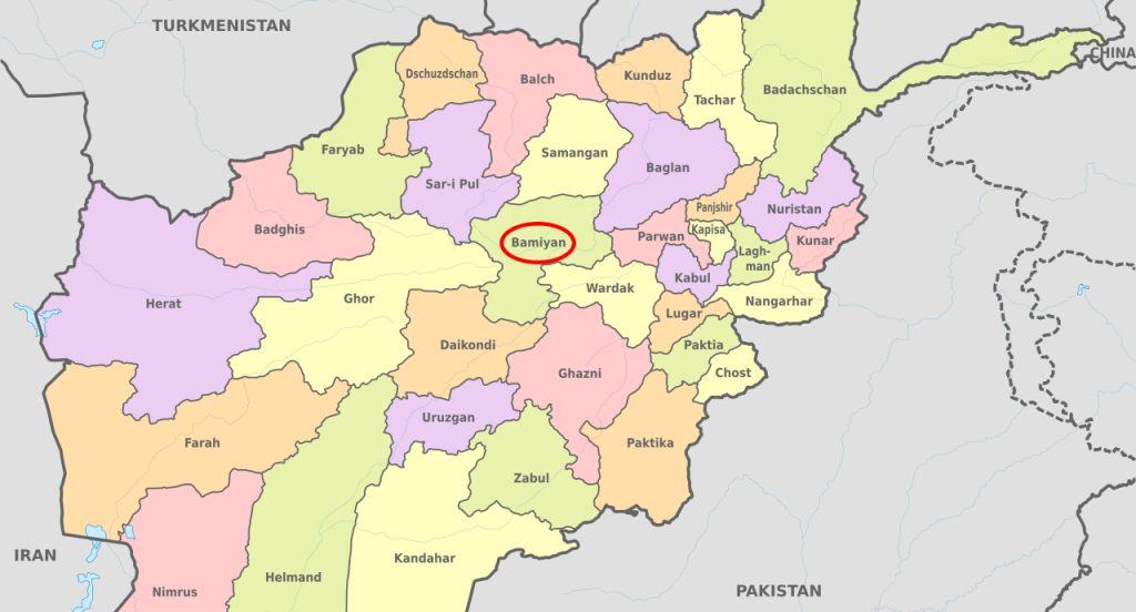Map of Afghanistan showing the location of Bamiyan in the North central part.