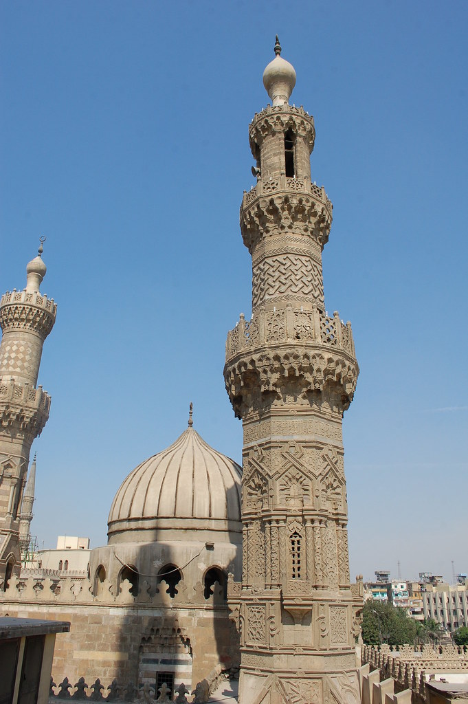 View of the elaborately carved minarets of Al-Azhar Mosque.