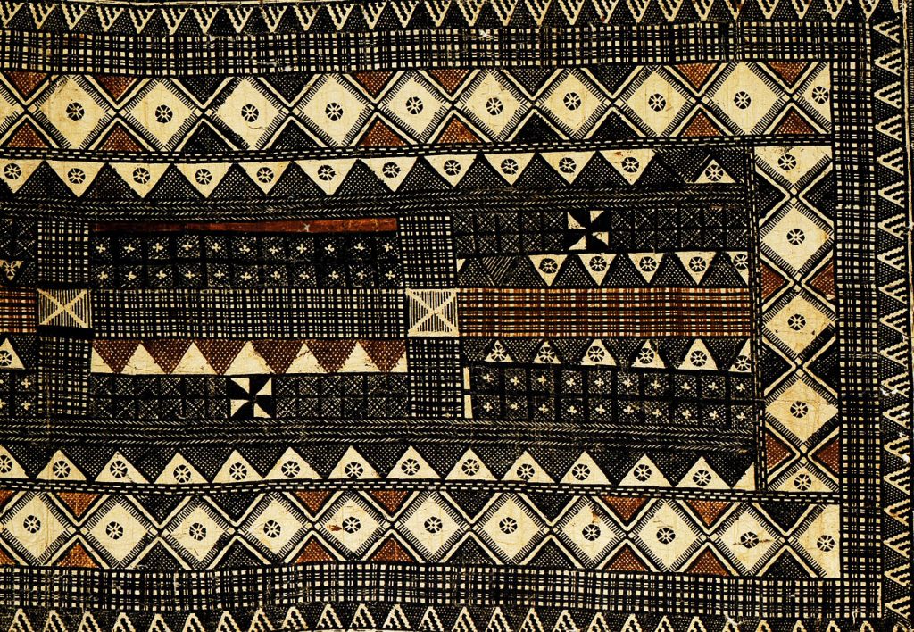 Image of a Painted Barkcloth from Lau Islands, Fiji. Shown are various geometric shapes going all around as a border.