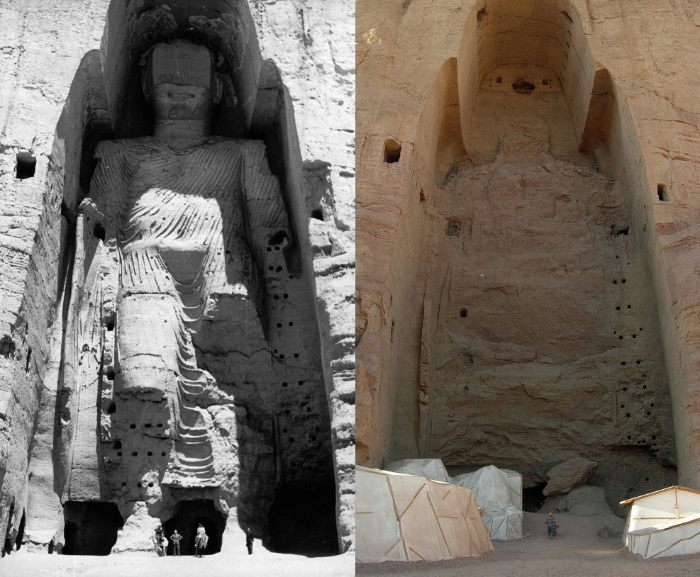 Two side-by-side images showing the statue in its cave in 1963 and the empty cave after the statues destruction.