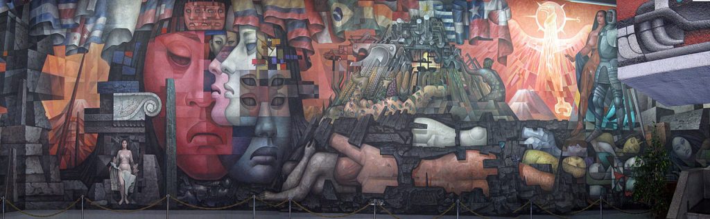 A long abstract mural done in Acrylic, showing the unity of distinct Latin American cultures.