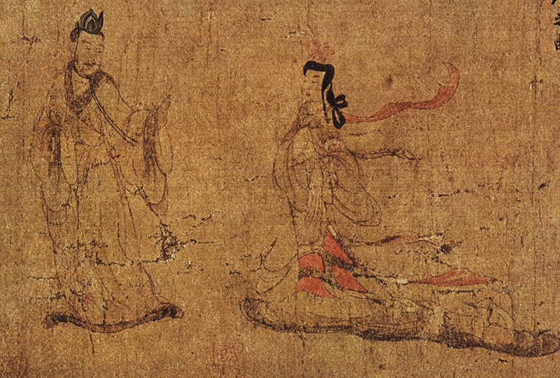 Rust-colored scroll of "The Admonitions of the Instructress to the Court Ladies," drawn in ink.