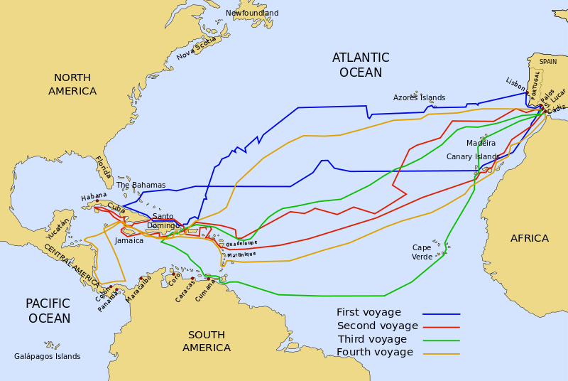 Map showing the routes for the four voyages executed by Christopher Columbus. The frst voyage is at the northern part of the Atlantic landing in Cuba, going through the Azores and the Canary Islands. The second voyage is more to the south part of the Atlantic landing on the West side of Cuba and covering the Caribbean Islands.The third voyage is in the middle and south of the Atlantic through the Canary Islands, landing in South AMerica and Santo Domingo. The fourth voyage is in the middle of the Atlantic going through the Caribbean, landing in Central America, and through the Canary Islands.