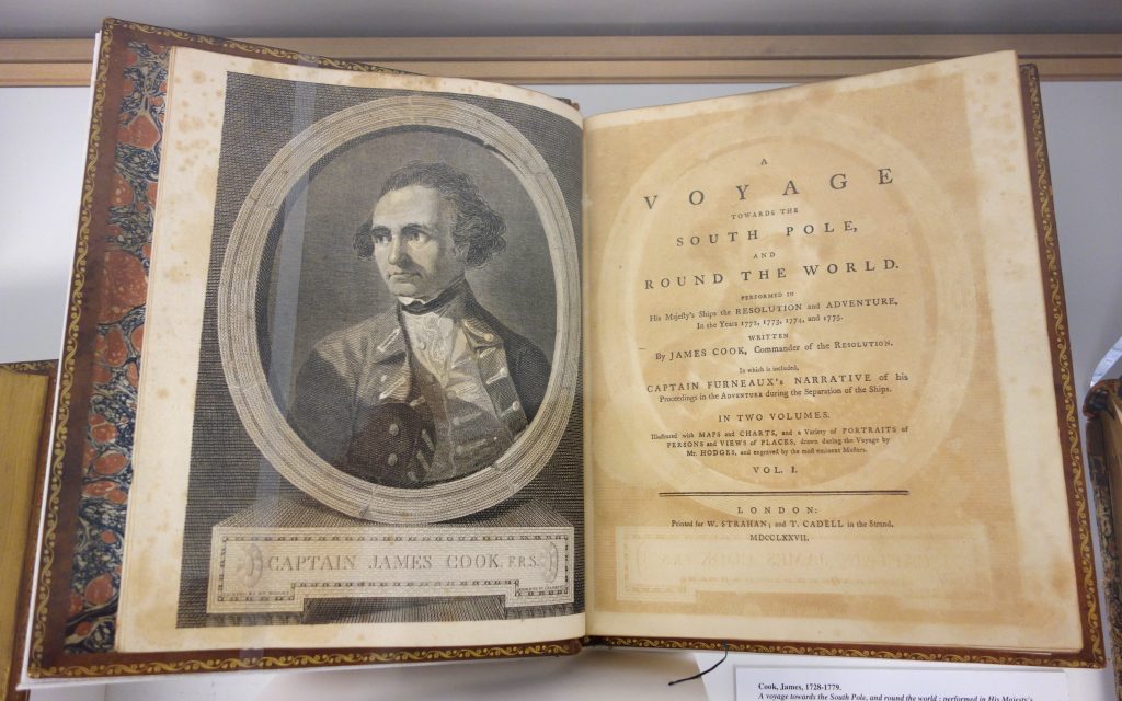 Image of the first page of James Cook’s book: A voyage towards the South Pole, and round the World. Performed in His Majesty’s ships the Resolution and Adventure, in the years 1772, 1773, 1774, and 1775. The left page shows a portrait of James Cook.