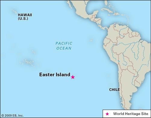 Image of the cost of South America showing the city of Lima, Peru and Santiago, Chile. To the left Easter Island is shown.