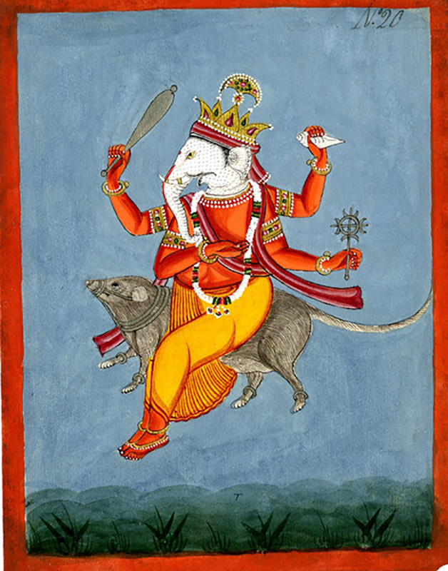 A painting of Ganesh (a red elephant god with 4 arms, wearing a crown, carrying a scepter, and other sacred objects.He is riding a rat.
