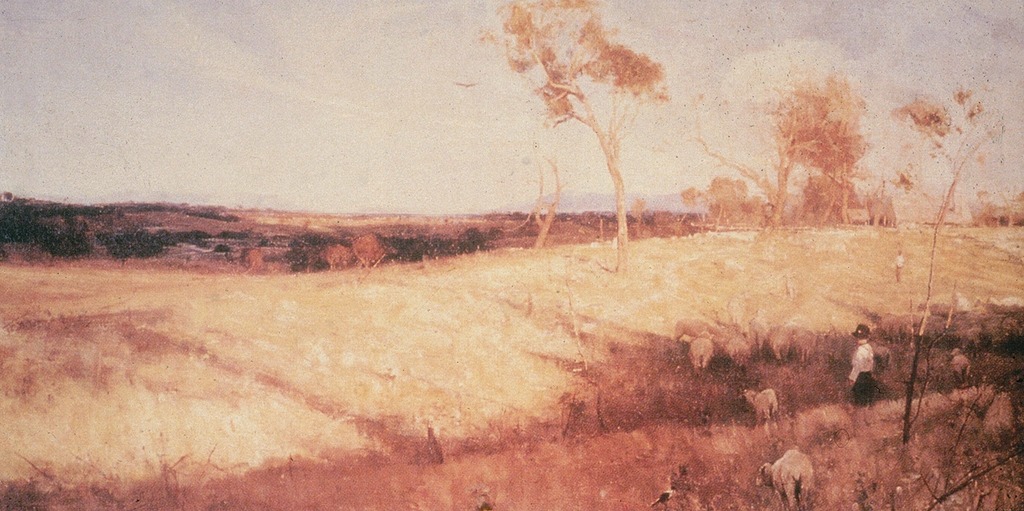 Image of Golden Summer, Eaglemont by Arthur Streeton. Landscape of golden/yellow field with trees and a man and herd of sheep.