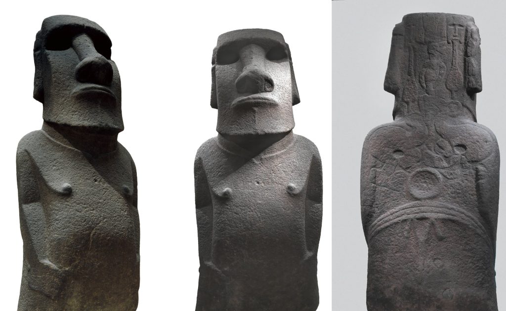 Side, front and back views of Hoa Hakananai'a showing details of face and carvings in the back.