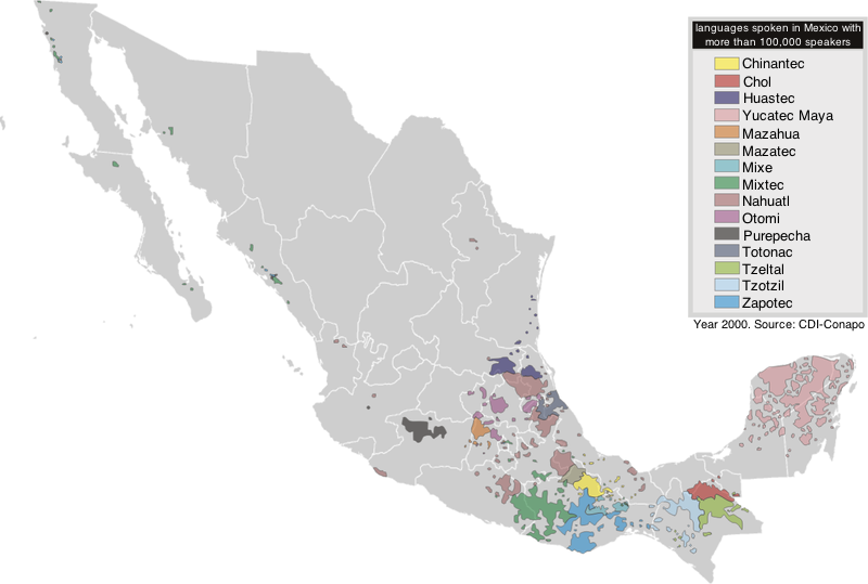 Map of Mexico showing the different indigenous languages spoken throughout the country, placing them in different regions. These include: Chinantec, Chol, Huastec, Yucatec Maya, Mazahua, Mazatec, Mixe, Mixtec,Nahuatl, Otomi, Purepecha, Totonac, Tzeltal, Tzotzil, Zapotec.