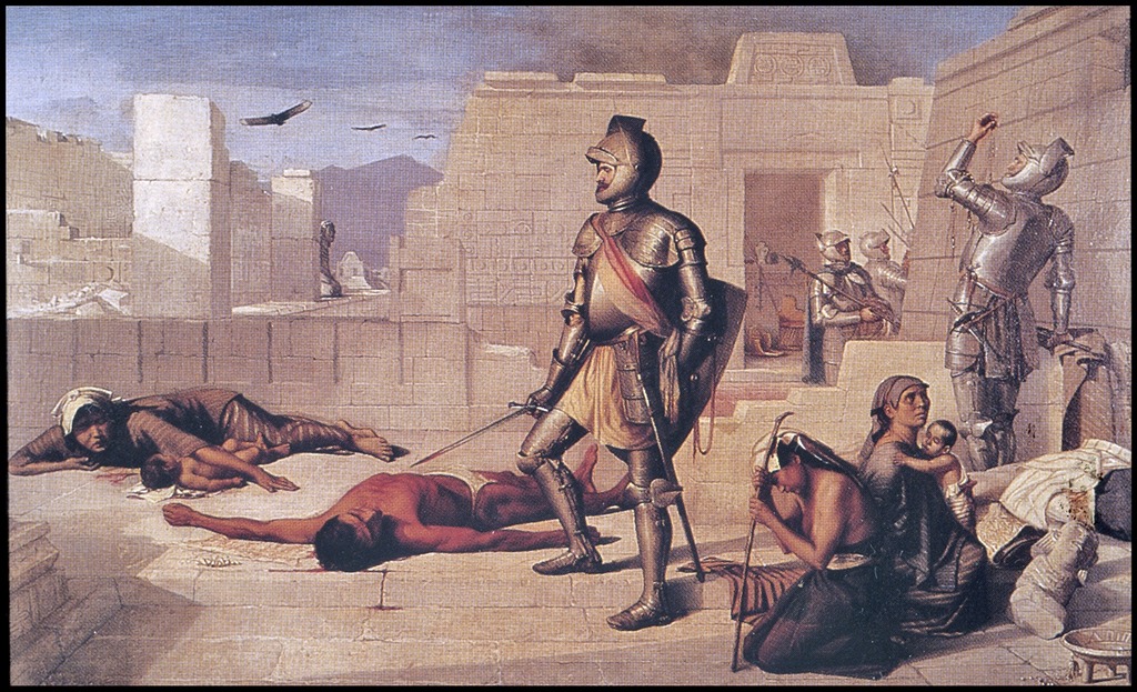 A painting depicting the massacre of the indigenous people by the Spaniards. One man lies dead, a woman lays on the ground covering a child , another person appears to pray, and another woman holds a child. 4 soldiersin metal armor stand over them, among the broken walls of a city.