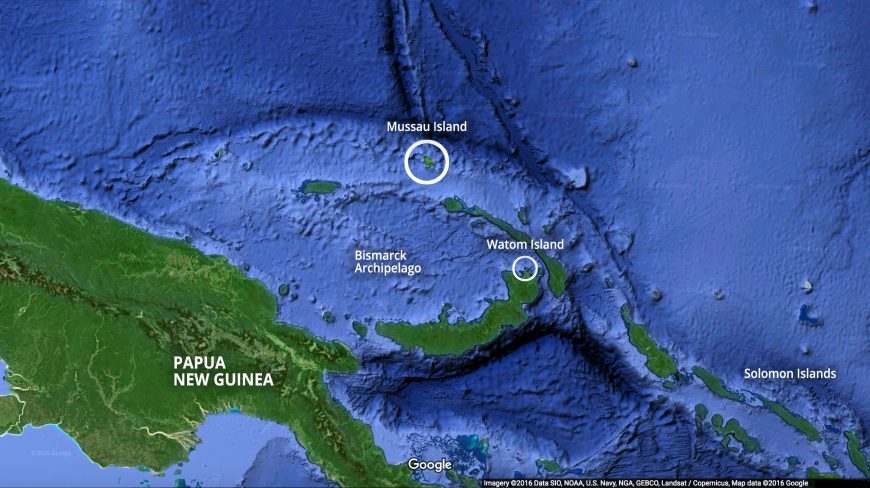 Image of map showing Bismarck Archipelago, Mussau Island, and Watom Island.