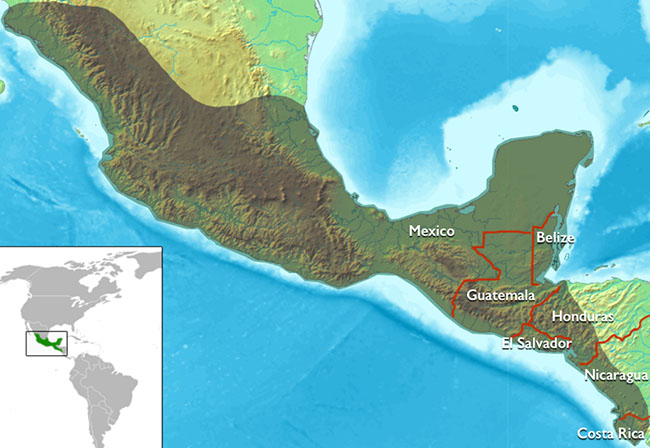 Map of Mesoamerica, showing Mexico, Guatemala, Honduras, El Salvador, Costa Rica and Belize.