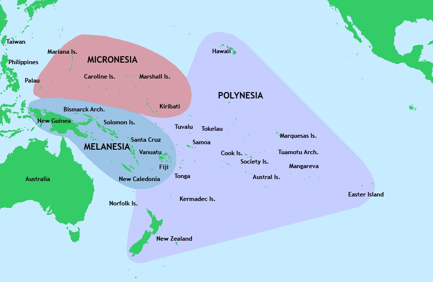 Map of major culture areas of Oceania: Micronesia, Melanesia, Polynesia, and Australia: The four cultural areas of Oceania are illustrated on this map, including the land masses of Australia, New Guinea, and New Zealand and the numerous Pacific Islands. Alt text: Image of map of major culture areas in Oceania. Showing Micronesia, Melanesia, Polynesia and Australia.