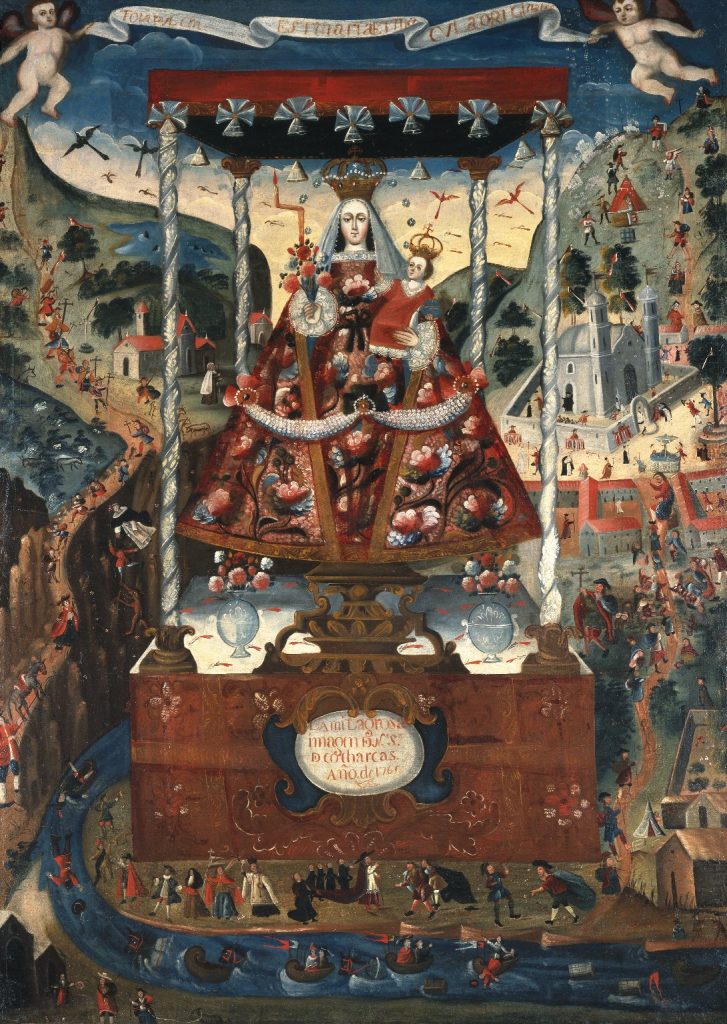 An image of a painting showing 'Our Lady of Cochares' a Madonna under a canopy and being carried in a procession.