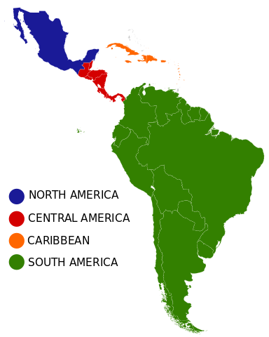 A map of part of North America, Central and South America. At the top shows Mexico in blue labeled North America, Central America is to the south in red, and South America is southmost in green. The Caribbean is labeled to the east in orange.