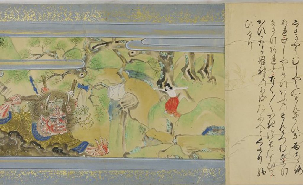Photo of a handscroll depicting the story of Sakyamuni in ink on paper.