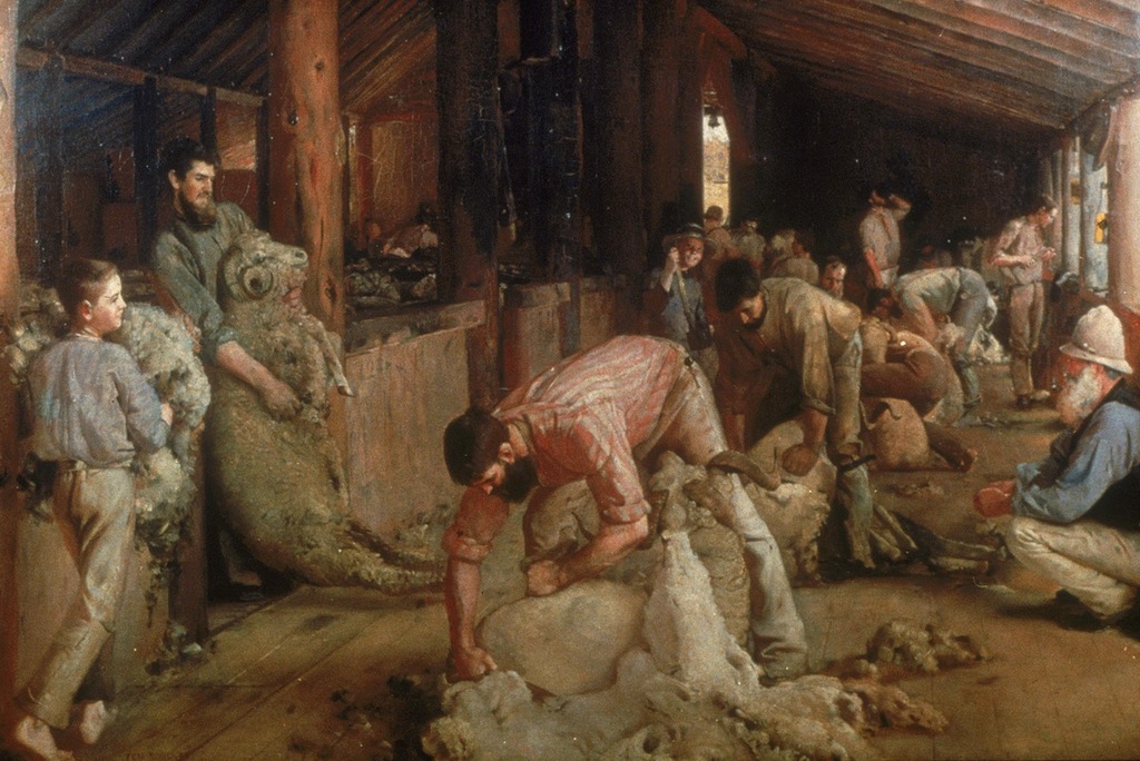 Painting depicting sheep shearing. A group of people in a barn are holding or shearing sheep.