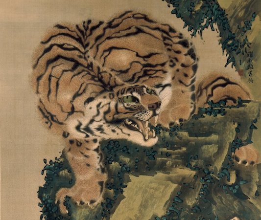 Detail image of a Tiger from a hanging scroll. Green eyed tiger with fangs visible.