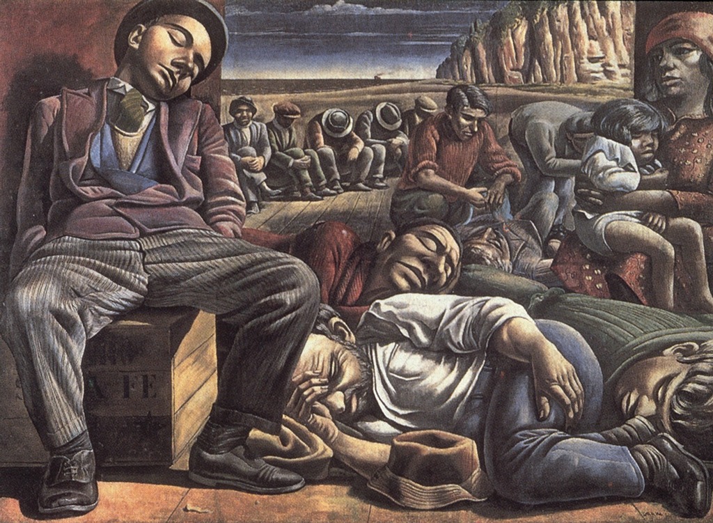 A painting depicting men in suits and nice dress sitting on a box sleeping, and sleeping on the ground, alongside a woman holding a child. More men sit on a curb behind, heads down, sleeping.