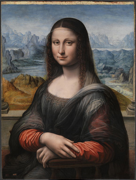 A Mona Lisa copy, a woman seated for a portrait with arms crossed wearing robes before a mountain landscape with a slight smile on her face.