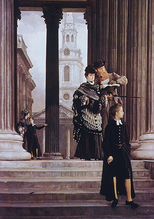 A man and womanin formal dress standing on the steps in front of a building discussing something in a book, a well dress young man stands on the steps in front of them and another couple are conversing in the far background.