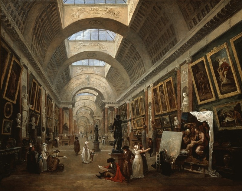 Oil painting showing people and artists gathered in the Grand Galerie of the Louvre in 1796 with paintings and sculptures covering the walls.