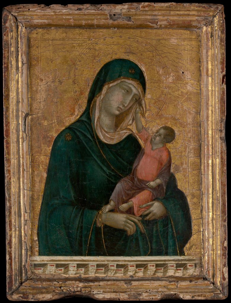 Tempuraand gold painting in a wood frame of Madonna (Mary, mother of Jesus) in a green hooded robe and her child sitting in her lap, touching her face.