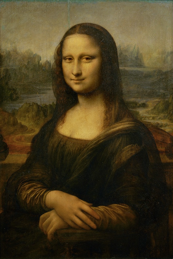 Oil painting of a woman in period dress, arms crossed in front, a slight smile on her face.
