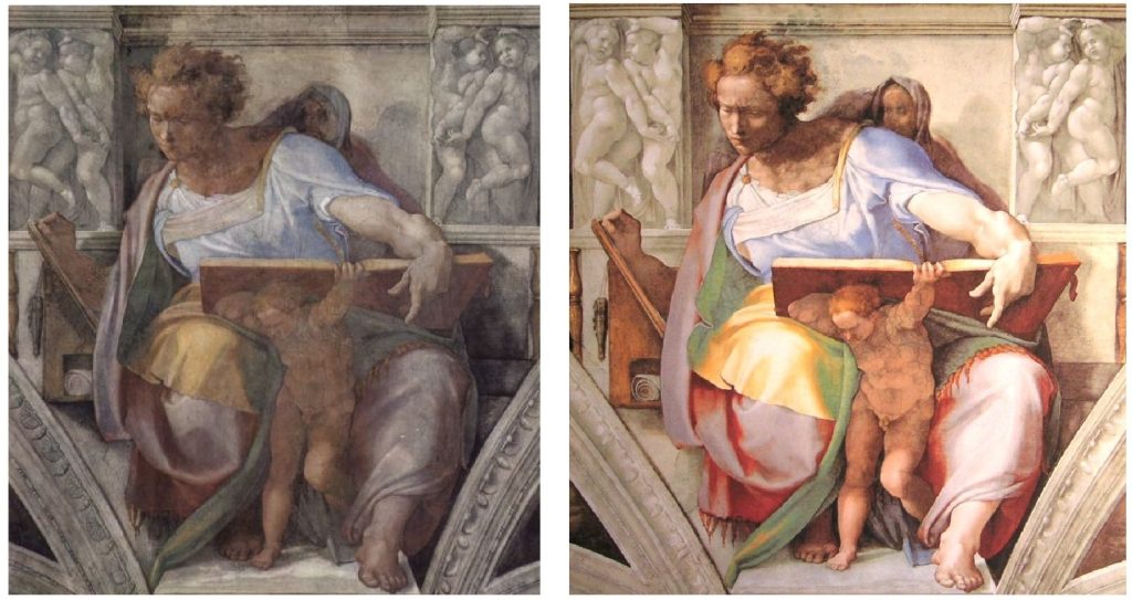 Before and after pictures of Daniel, part of the Sistine Chapel - the colors have been made more vibrant, and the details restored in the image on the right.