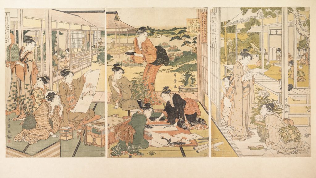 A triptic panel showing Japanese courtesans engaged in a variety of activities.